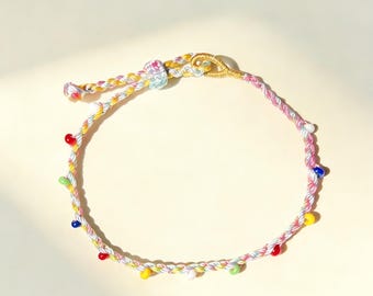 Handwoven Macaron Beaded Bracelet, Pastel Boho Friendship Jewelry, Lucky Talisman Accessory