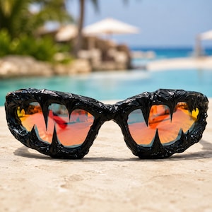 May include: Black sunglasses featuring a textured, jagged frame design that mimics sharp, protruding teeth or claws. The lenses are reflective with a vibrant orange and red gradient finish, creating a bold contrast against the dark, sculpted frame.