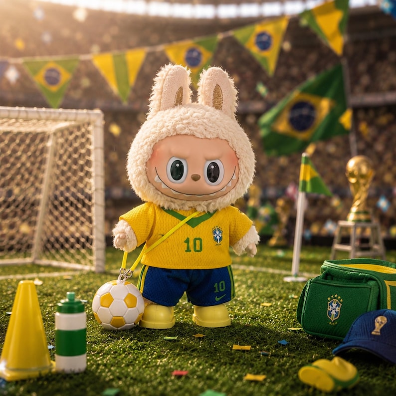 May include: A plush rabbit figure wearing a yellow soccer jersey with the number 10 and blue shorts. The figure has a white fuzzy hood, large dark eyes, and a wide grin. It holds a small white and yellow soccer ball on a yellow strap.