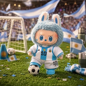 May include: A plush toy character wearing a light blue and white soccer jersey with the number 10 and an Argentina crest, featuring a fuzzy blue hood with ears, standing on a green field next to a small soccer ball and an Argentina flag.