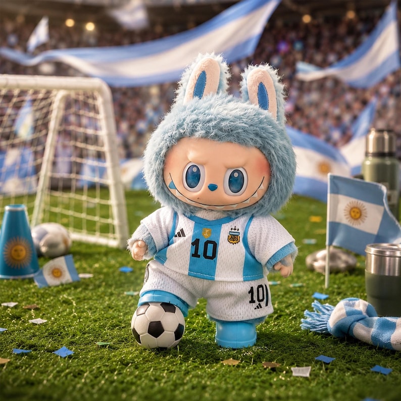 May include: A plush toy character wearing a light blue and white soccer jersey with the number 10 and an Argentina crest, featuring a fuzzy blue hood with ears, standing on a green field next to a small soccer ball and an Argentina flag.