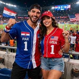 May include: A couple wearing baseball jerseys at a sporting event. One jersey is blue with "PAR" and the number "1", the other is red with "USA" and the number "1". Flags of Paraguay and the United States are visible.