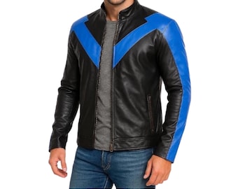 Chaqueta de cuero negra para hombre estilo motero con rayas azules – Corte ajustado estilo motociclista