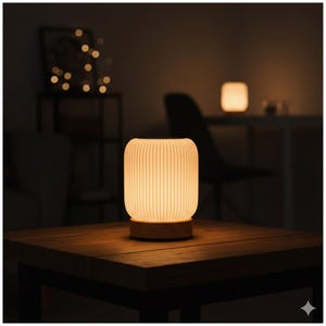 以下が含まれることがあります： リブ編みのオフホワイトのシェードと木製のベースを備えた、光る円筒形のテーブルランプ。 ランプは暗い木製のテーブルの上にあります。 暖かい光が部屋を照らし、居心地の良い雰囲気を作り出しています。