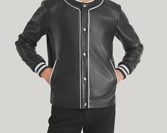 Men’s Black Leather Varsity Jacket – Classic Snap Button Bomber Jacket, Casual Streetwear Coat, Minimalist Biker Style Jacket for Men