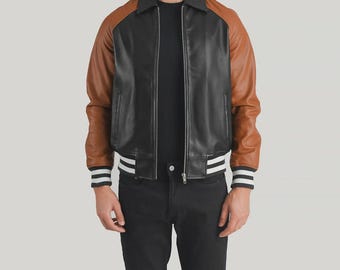 Men’s Black Brown Leather Varsity Jacket – Two Tone Bomber Jacket, Ribbed Cuffs, Streetwear Style, Premium Faux Leather Coat for Men