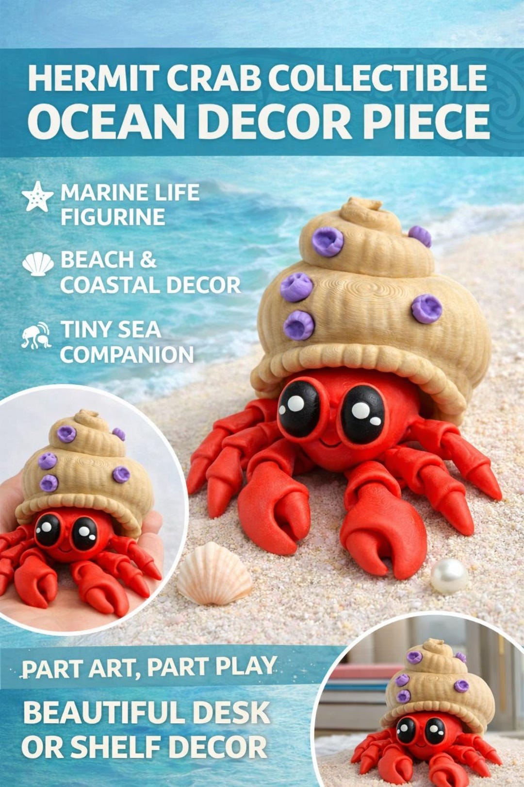 Articulated Hermit Crab Fidget Toy – Textured Shell Desk Decor, Ocean ...