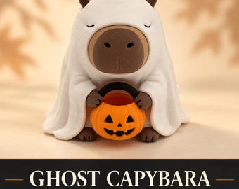 Ghost Capybara Halloween Figurine with Pumpkin Basket, Spooky Cute 3D Printed Desk Decor, Capybara Lover Gift