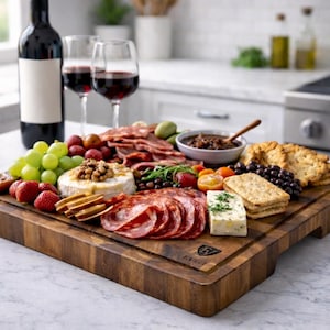 May include: A wooden charcuterie board laden with an assortment of gourmet foods. The board features grapes, strawberries, cheese, crackers, salami, and a small bowl of relish. A bottle of red wine and two wine glasses are in the background.
