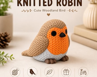 Knitted Robin Figurine | Woodland Bird Decor, Faux Crochet Texture, Desk Accent