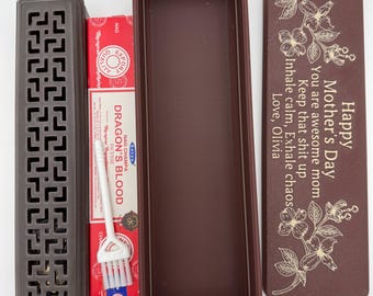 Caja porta incienso personalizada / Quemador de cerámica, varillas, pincel (Set de regalo)