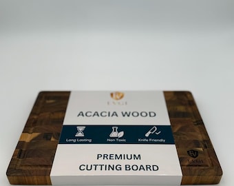 Tabla de cortar de acacia personalizada, bloque de charcutería apto para cuchillos, con ranura para jugos y asas.