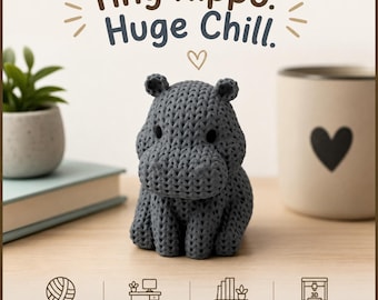 Knitted Look Hippo Desk Buddy | 3D Printed Animal Shelf Decor Gift