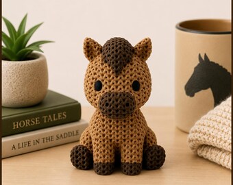 3D Printed Horse Figurine | Knitted Look Farm Animal Decor, Bookshelf Office Buddy