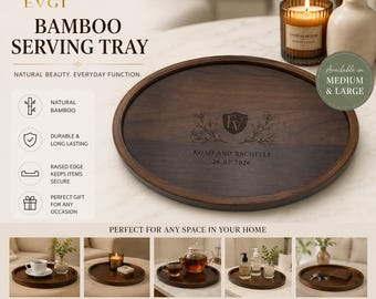Personalized Bamboo Serving Tray | Oval Ottoman Coffee Table Decor Organizer