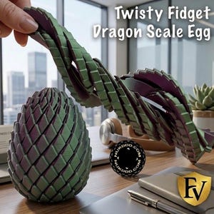 May include: A green and purple dragon scale egg and a twisting dragon scale structure. The egg is made of interlocking diamond shapes. The text "Twisty Fidget Dragon Scale Egg" is displayed in white. A hand is holding the twisting structure.