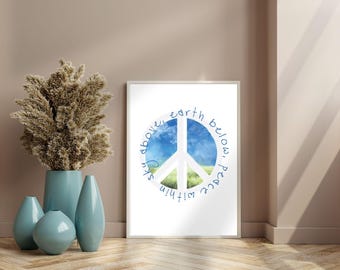 Peace Sign Wall Art Printable – Minimal Blue Poster – Meditation Room Decor