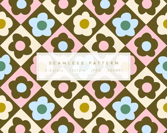 3 Color Retro Floral Seamless Pattern | Groovy Mod Flower Digital Paper | Mid Century nordic Daisy Background | 3 Color JPEG | Commercial