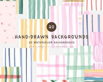 20 Hand Painted Watercolor Stripe Backgrounds | Pastel Summer Digital Backgrounds | Plaid, Brush Stroke & Abstract Textures | Commercial Use