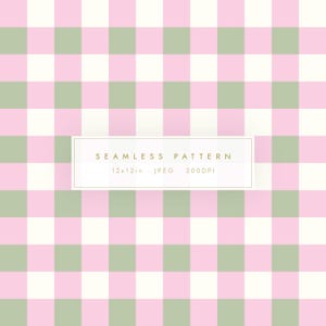 May include: A seamless pattern featuring a gingham design in pink, green, and white. The pattern is composed of evenly sized squares. The image includes the text "SEAMLESS PATTERN 12x12in - JPEG - 300DPI".