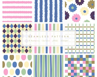 9 Quirky Seamless Pattern Bundle | Colorful Hand Drawn Digital Paper | Playful Stripes Plaid Floral Argyle | JPG Commercial Use