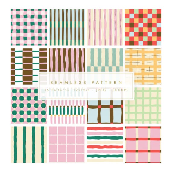 16 Spring Pastel Organic Seamless Pattern Pack | Playful Digital Backgrounds | Imperfect Retro Stripes, Gingham, Checks and Dots | JPG