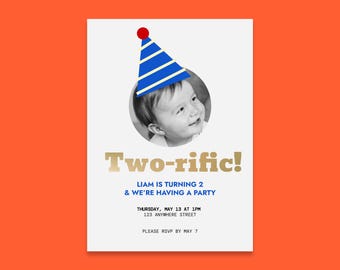 2nd Birthday Invitation Template | Two-rific Boy Birthday Invite | Photo Party Invitation | Blue Striped Invitation