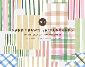 20 Neutral Watercolor Background Bundle | Hand Painted Stripe & Plaid Backgrounds | Minimal Brush Stroke Textures | Digital Download