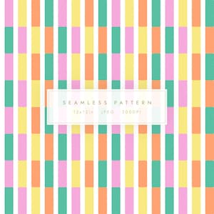 May include: A seamless pattern design featuring vertical rectangular blocks in alternating colors of pink, yellow, orange, and teal, set against a white background. The image includes the text "SEAMLESS PATTERN 12x12in JPEG 300DPI".
