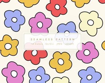 Groovy Retro Floral Seamless Pattern | Bold Colorful Style Digital Background (JPG)