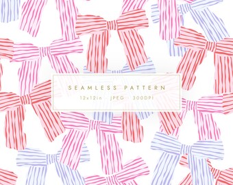 Pink Bow Seamless Pattern | Hand Drawn Stripe Ribbon Digital Paper (JPEG)