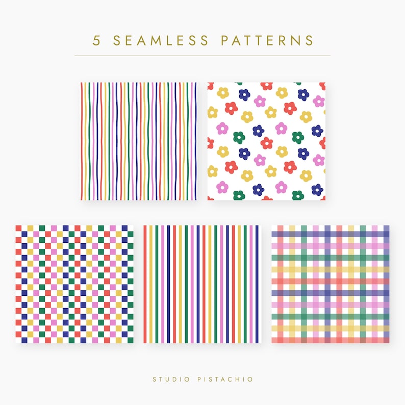 5 Colorful Seamless Patterns Bundle | Floral, Stripe, Check Digital ...