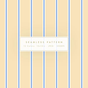 Może przedstawiać: Bezszwowy wzór w pionowe jasnoniebieskie i białe paski na jasnym żółtym tle. Centralnie umieszczony biały prostokąt zawiera tekst: SEAMLESS PATTERN, 12 Colors, 30,48x30,48cm, JPEG, 300DPI, zapisany złotymi literami.