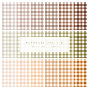 May include: A collection of eighteen seamless gingham patterns arranged in a grid, featuring gradient shades of brown, olive green, and orange. A central white rectangular box contains the text SEAMLESS PATTERN 12x12in JPEG 300DPI.