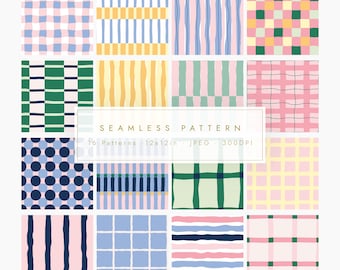 16 Pastel Organic Seamless Pattern Pack | Palyful Mix & Match Backgrounds | Imperfect Stripes, Gingham, Checks and Dots | JPG