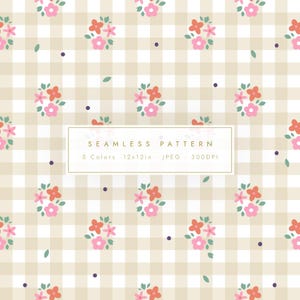May include: A seamless pattern featuring a gingham background in beige and white, adorned with clusters of pink and orange flowers, green leaves, and small purple dots. The text "SEAMLESS PATTERN" is displayed in a rectangular frame.