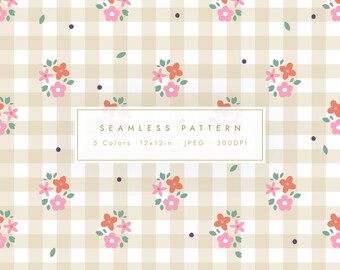 5 Color Spring Gingham Floral Seamless Pattern Pack | Cottage Style Digital Paper (JPEG)