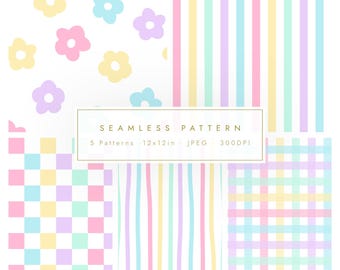 5 Pastel Seamless Patterns Bundle | Floral, Stripe, Check, Plaid Background (Digital Download) | JPG