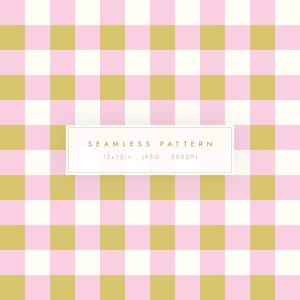 May include: A seamless pattern featuring a grid of pink, white, and gold squares. The design includes the text "SEAMLESS PATTERN 12x12in - JPEG - 300DPI" in a white rectangular box. This pattern is suitable for various design applications.