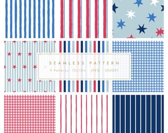 9 Patriotic Seamless Pattern Pack | 4th of July Digital Paper Bundle | Red White Blue Stars, Stripes & Gingham | Commercial Use JPG