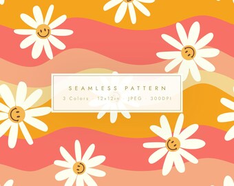 Groovy Smiley Daisy Seamless Pattern | Retro Floral Digital Paper | 70s Flower Wave Background | JPEG Commercial Use