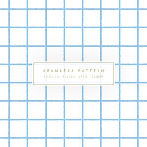 Puede incluir: Un diseño de patrón sin costuras con una cuadrícula de líneas azul claro sobre un fondo blanco. El texto "SEAMLESS PATTERN" se muestra en un marco dorado rectangular, junto con detalles sobre los colores, el tamaño (30,48 x 30,48 cm) y la resolución (300 DPI).