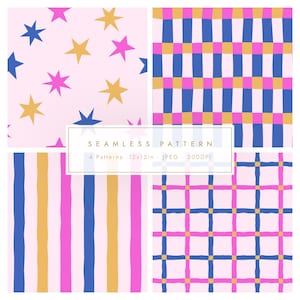 May include: Four seamless patterns in a square format. The patterns include stars, vertical stripes, and a grid design. Colours include pink, blue, gold, and magenta. The text "SEAMLESS PATTERN" is displayed.