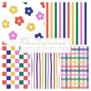 May include: A collection of five colorful seamless patterns. Designs include floral, striped, checkered, and plaid patterns in a variety of bright colors. The image includes the text "SEAMLESS PATTERN" and "5 Patterns 12x12in - JPEG - 300DPI."