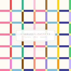 Può includere: Design a motivo senza cuciture con una griglia di linee multicolori che si intersecano in rosso, rosa, blu, verde, marrone, giallo e viola. Il testo "SEAMLESS PATTERN" è visualizzato in un rettangolo, con le dimensioni 30.48x30.48cm e altri dettagli.