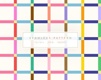 Colorful Playful Plaid Seamless Pattern | Modern Geometric Check Digital Paper | Retro Preppy Grid Background | JPG