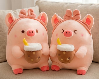 Peluche cochon kawaii, coussin animal en peluche doux, décoration confortable pour boisson Boba