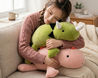 Peluche dinosaure, coussin animal doux, dinosaure peluche kawaii, coussin douillet, vert rose