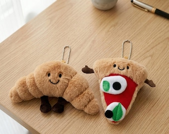 Peluche porte-clés pizza croissant, breloque collation kawaii, accessoire de sac souple