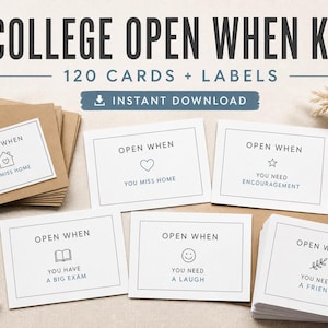 May include: A set of 120 printable cards and labels titled College Open When Kit. The white rectangular cards feature black text and simple line icons, including a house, heart, star, book, smiley face, and leaves, with phrases like You Miss Home.